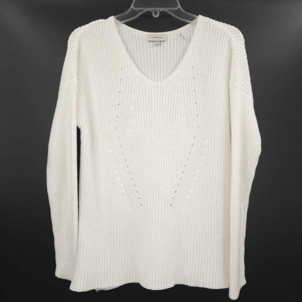 Kinross V-Neck Sweater Womens Small White Cotton Shaker Knit Side Slits Pullover